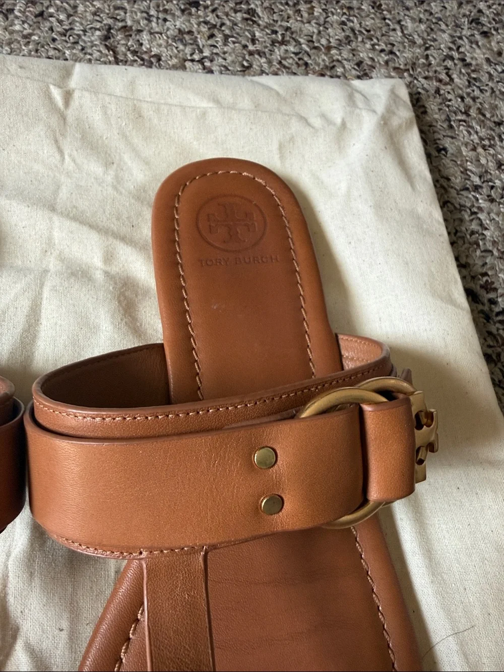 Tory Burch Brown Leather Thong Sandals with Gold Buckle